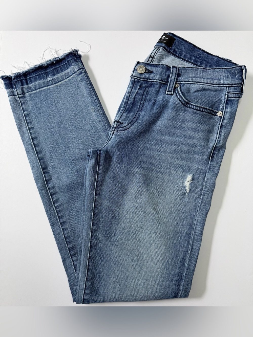 7 For All Mankind Reissue Roxanne Slim Straight Jeans Raw Hem Distressed Size 28